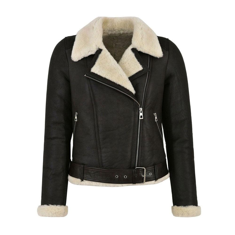 Women's Genuine Leather Faux Fur Shearling Biker Jacket