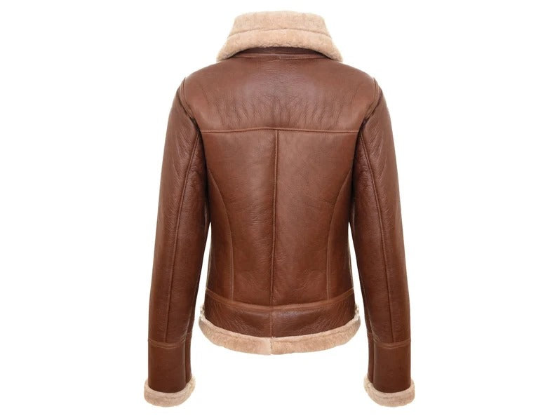 Women's Brown/Black Aviator Biker Genuine Shearling Leather Jacket