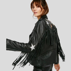 Sloane Black Biker Leather Jacket Tassels