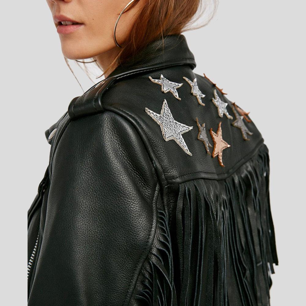 Sloane Black Biker Leather Jacket Tassels