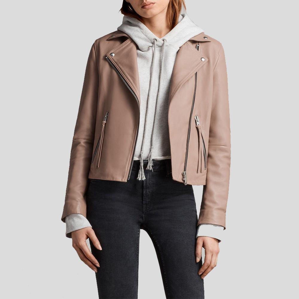 Women's Emily Beige Motorcycle Leather Jacket